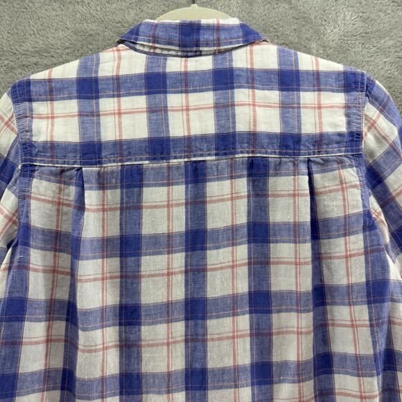LLBean Top Womens S Blue Plaid Linen Button Up Shirt Long Sleeve Collared - Picture 7 of 14